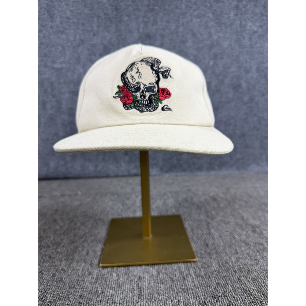 Quiksilver Hat Cap Snap Back Mens One Size White Skull Rose Embroidered Twill